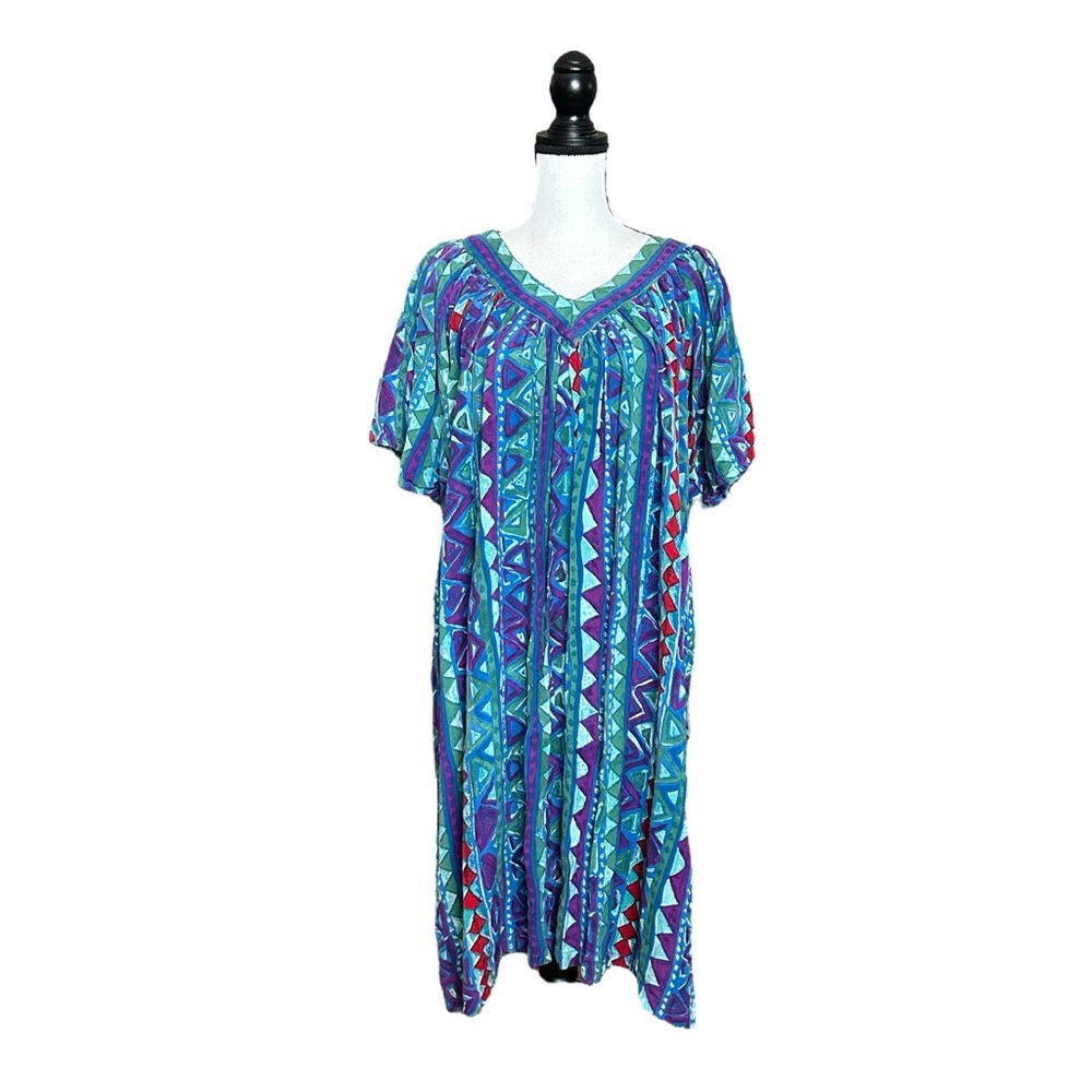 VTG Jasmine by KVM Colorful Muumuu Dress Geometric Retro Loungewear Resortwear M